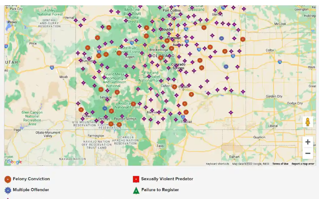 Screenhot of a map of sex offenders in Colorado and criminal convictions including multiple offenders and predators. 