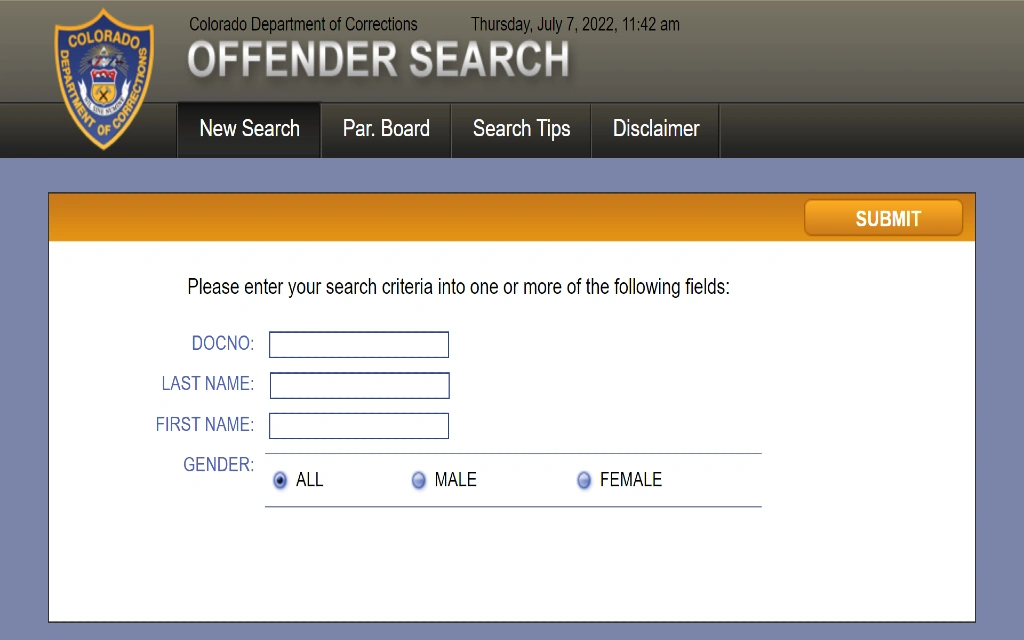 Colorado department of corrections offender search portal screenshot with place to enter names and submit for CO inmate lookup. 
