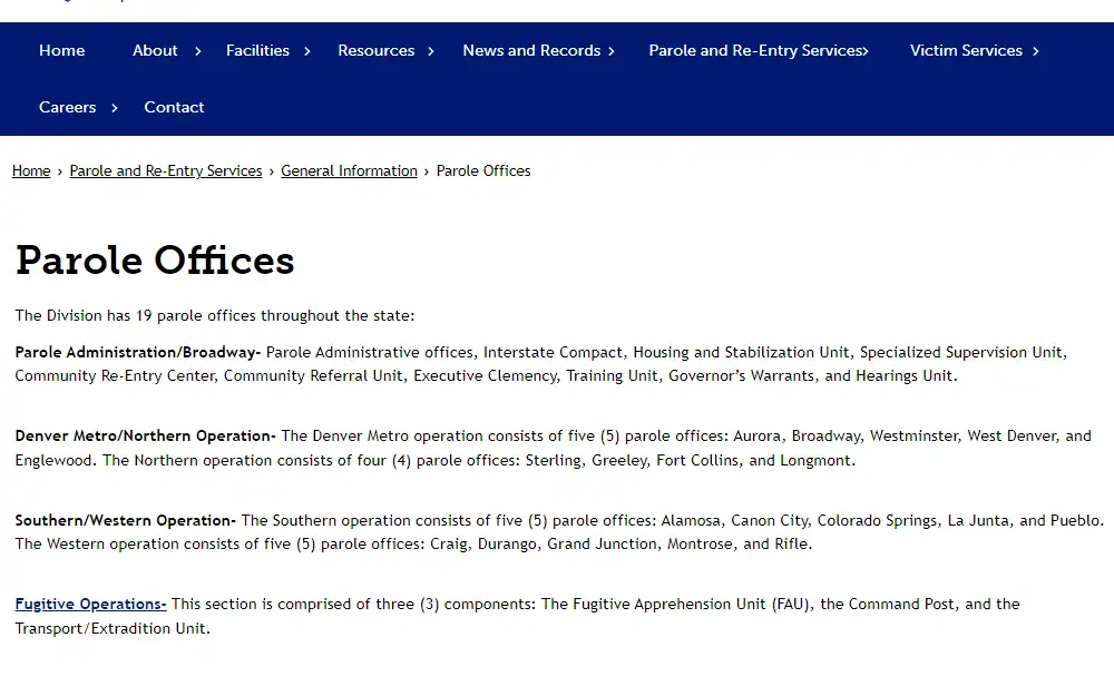 A screenshot showing the list of 19 parole offices is divided into four operation types: Parole Administration/Broadway, Denver Metro/Northern Operation, Southern/Western Operation, and Fugitive Operations.