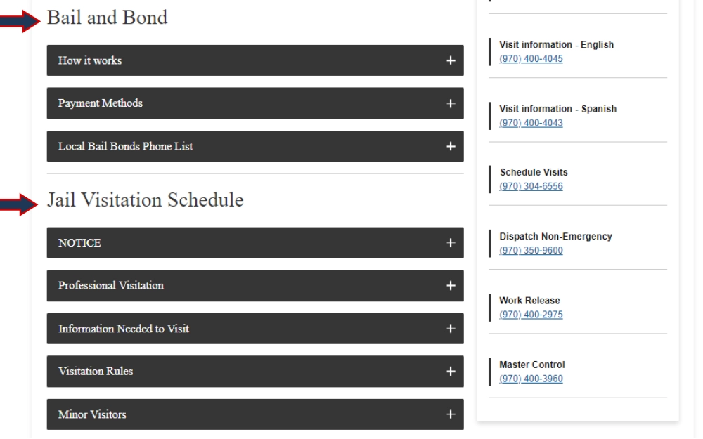 A screenshot providing a list of information about bail and bond and jail visitation schedule.