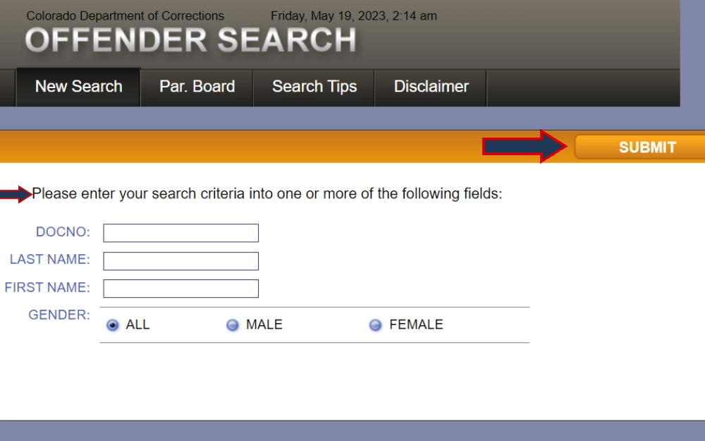 A screenshot showing the Offender Search platform provided by the Colorado Department of Corrections that has the Docno, Last Name, and First Name fields to fill out to locate an offender's record.