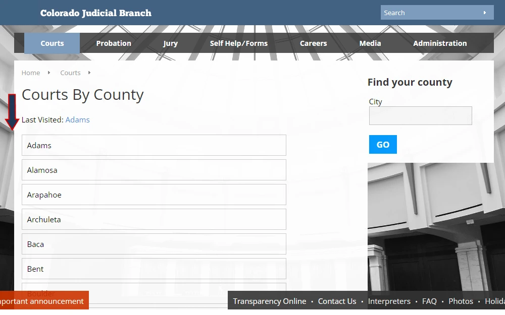 A screenshot showing the list of courts by counties in Colorado provided by the Colorado Judicial Branch. 