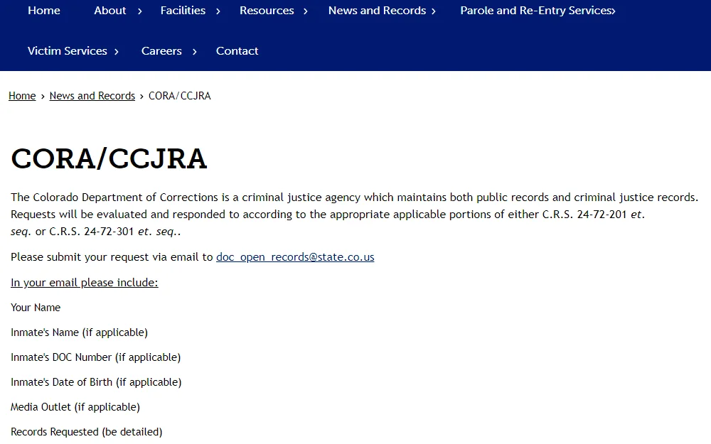 A screenshot showing the CORA/CCJRA email address to where to send a record request and the list of information that will be sent to the email.