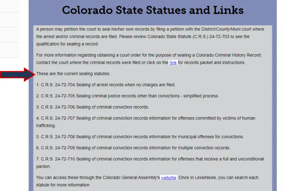 A screenshot showing the Colorado State Statues and Links page with the lists of current sealing statutes.