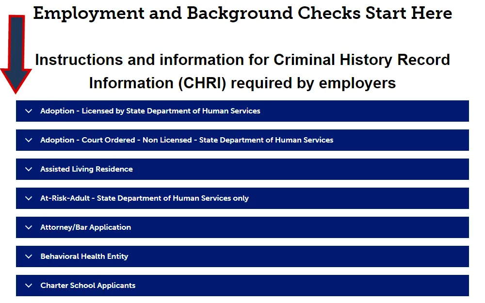 A screenshot showing a list of instructions and information for Criminal History Record Information (CHRI) required by employers.