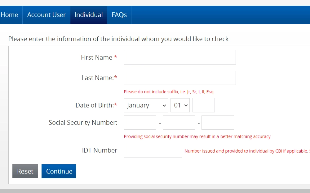 A screenshot showing the Internet Criminal History Check System for the Individual category asking for the information of the individual that will be checked.