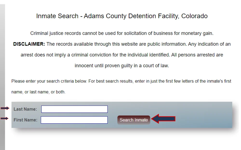 A screenshot showing a sample county arrest records inmate search tool requiring a last and first name to search an inmate.