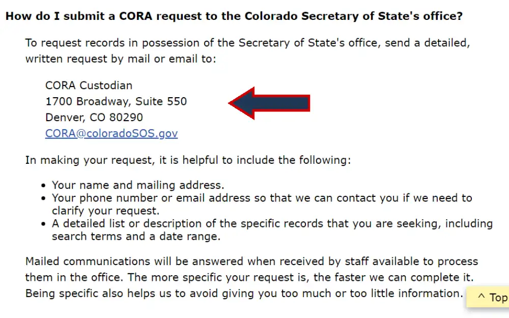 A screenshot showing the mailing and email address of The Colorado Secretary of States Office together with the list of information needed to get the specific CORA request.
