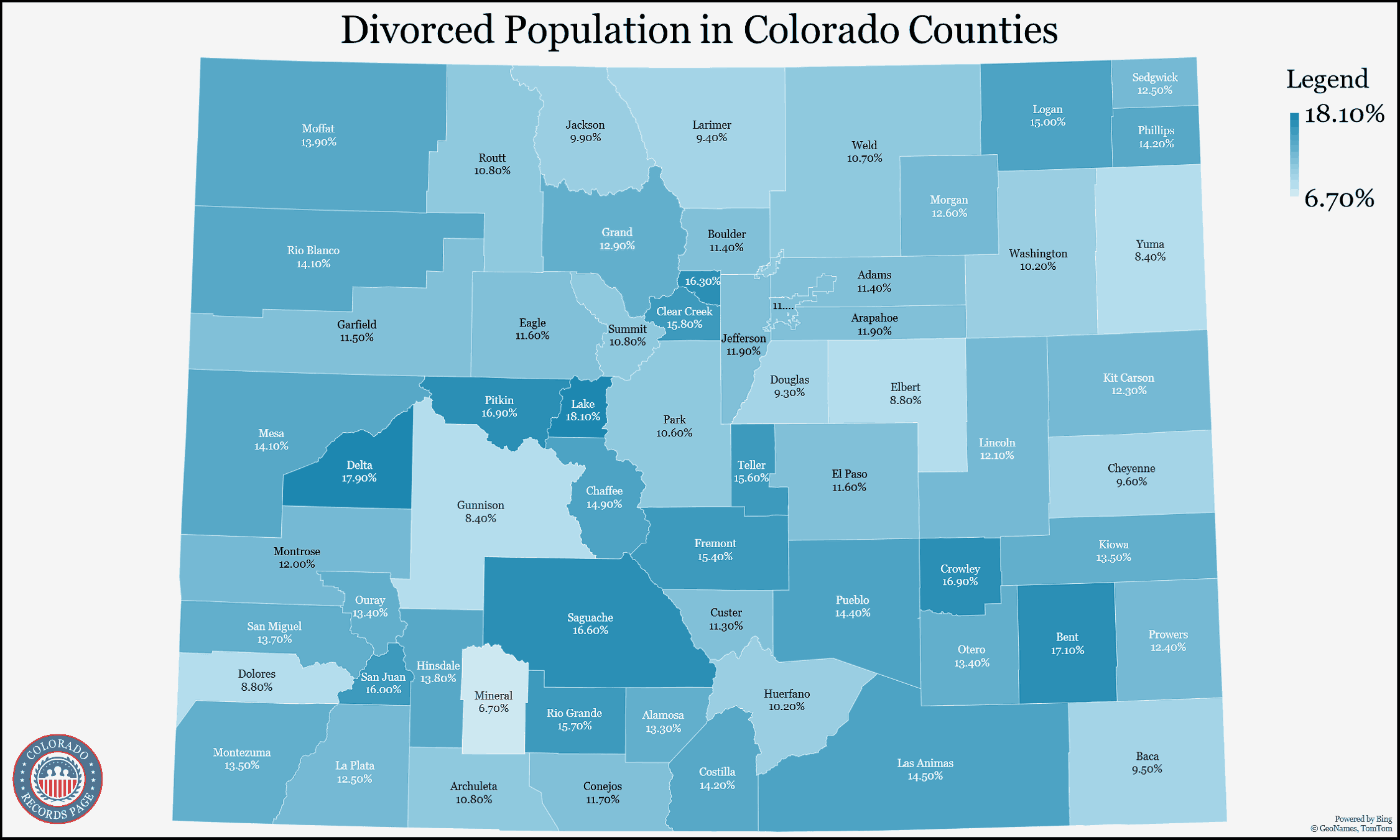 The map illustrates data from the United States Census Bureau and shows the percentage of divorced population in each county in Colorado and a legend is located at the top right corner indicating that the highest divorce number is 18.10% and the lowest is 6.70%.