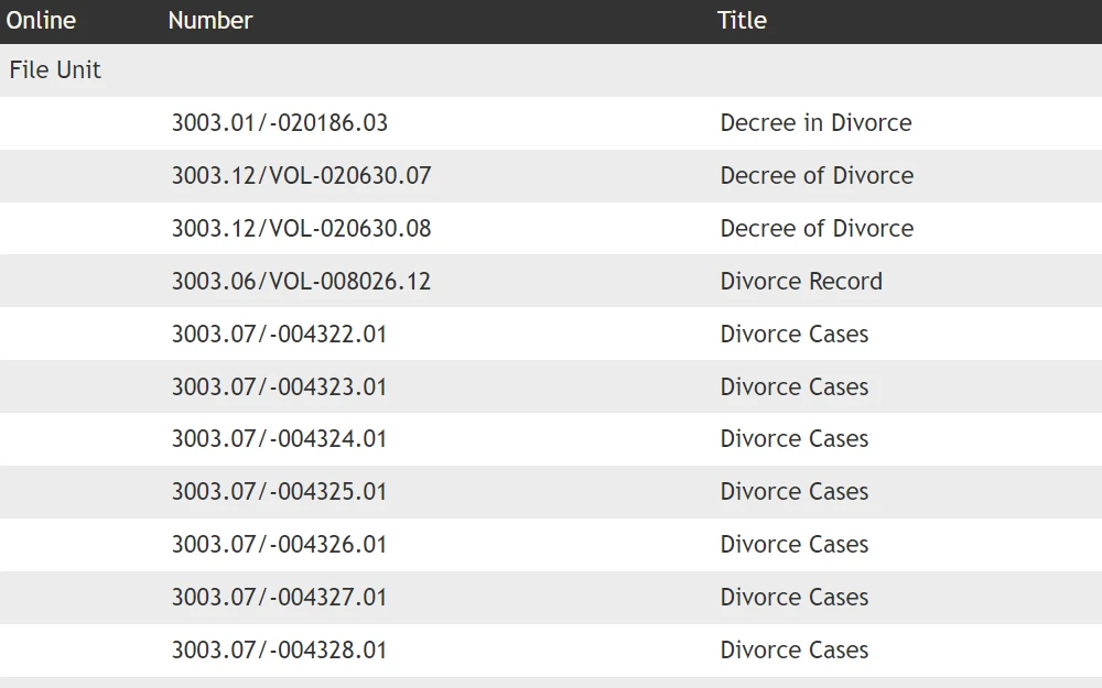 Screenshot of the search results for divorce records listing the numbers and titles of the records.