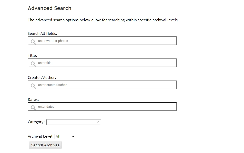 A screenshot of the Colorado State Archives' advanced search page displays the options to search; users can search all fields, titles, creators or authors, dates, and select a category from the dropdown menu.