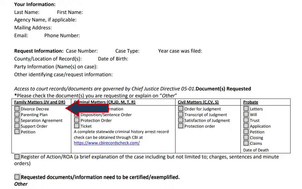Sure, here is the grammatically correct sentence: Screenshot of a section of the record request form showing fields for request and requestor's information, and a checklist for the documents requested, highlighting the option "Divorce Decree" with an arrow.