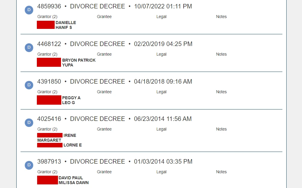 A screenshot of the search results for divorce decree displaying the document number, recording date and time, and the names of grantors.