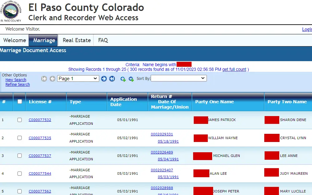 A screenshot of the El Paso County Colorado Clerk and Recorder Web Access displays a list of marriage applications with their license no., type, application date, return no., date of marriage/union and party name.