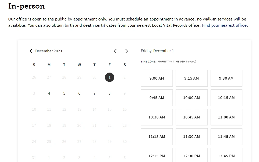 Screenshot of the calendar for appointment displaying available dates and time for the month of December 2023.