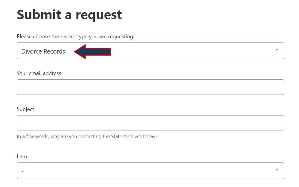Screenshot of the first part of the online request submission form with fields for email address, reason for request, and type of request.