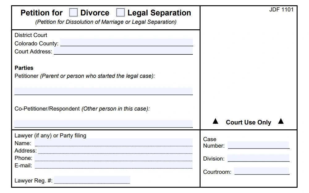 Screenshot of a part of the petition form with check boxes for divorce or legal separation, and fields for district court, names of parties, lawyer information, and case information.