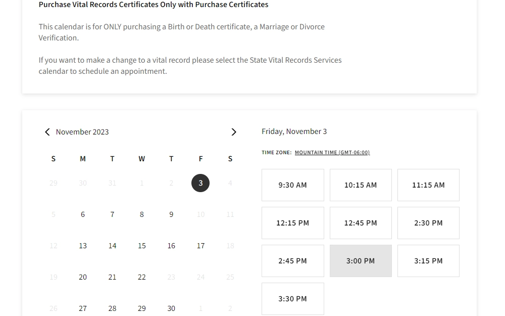 A screenshot of the online appointment system on the Colorado Office of the State Registrar of Vital Statistics page to purchase vital document certificates.