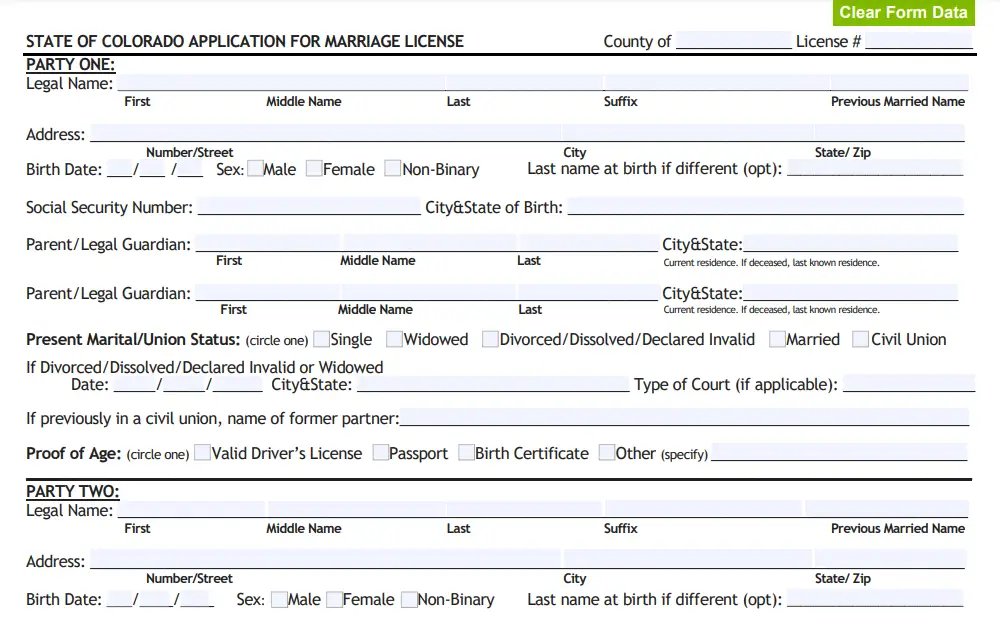 A screenshot of the Colorado Office of the State Registrar of Vital Statistics' marriage license application displays the necessary fields to complete the form.
