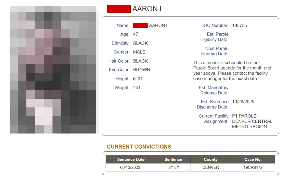 A screenshot displaying the Colorado Department of Corrections offender's information, such as mugshot photo, full name, age, gender, ethnicity, hair and eye color, weight, height, DOC number, and current conviction details.