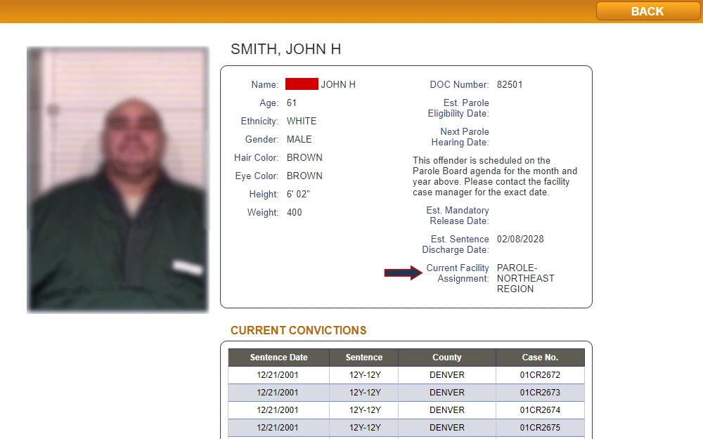 Screenshot of an offender's case detail from the Colorado Department of Corrections, displaying the mugshot, name, age, race, gender, eye and hair colors, height, weight, DOC number, dates of important events, facility, and current convictions.