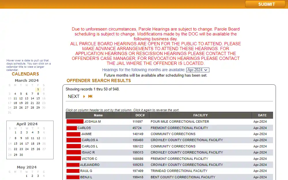 Screenshot of the parole hearing schedule in the month of April 2024 from the Colorado Department of Corrections, displaying an introductory notice about the possible changes in schedule, followed by a list of the eligible inmates including their names, DOC numbers, facilities, and schedules, along with the monthly calendar located at the side panel.