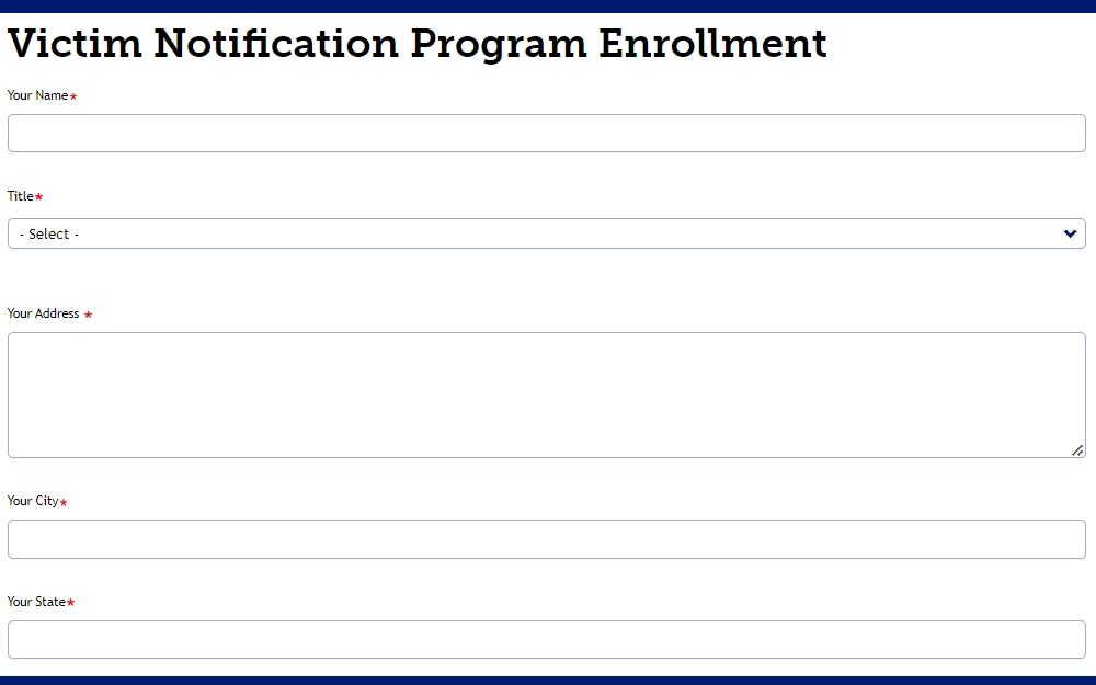 Screenshot of the victim notification program enrollment from the Colorado Department of Corrections, showing the fields for registrant's name, title, and address.