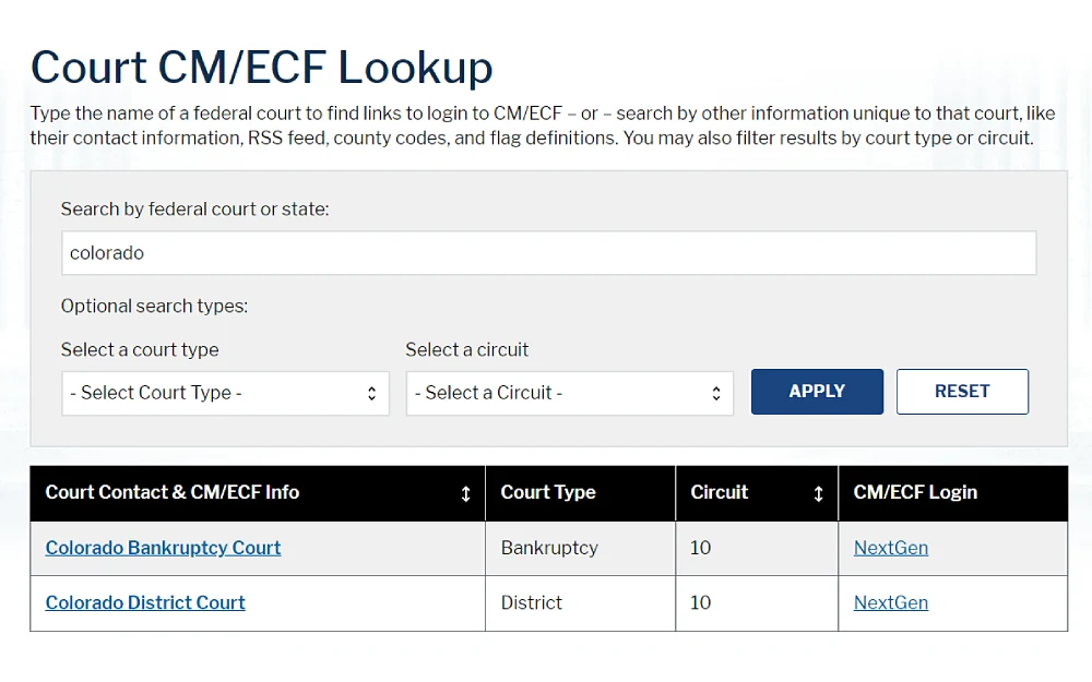 A screenshot showing a court CM or ECF look-up showing search options by federal court or state, court and circuit selection and clickable information from the Public Access to Court Electronic Records website.