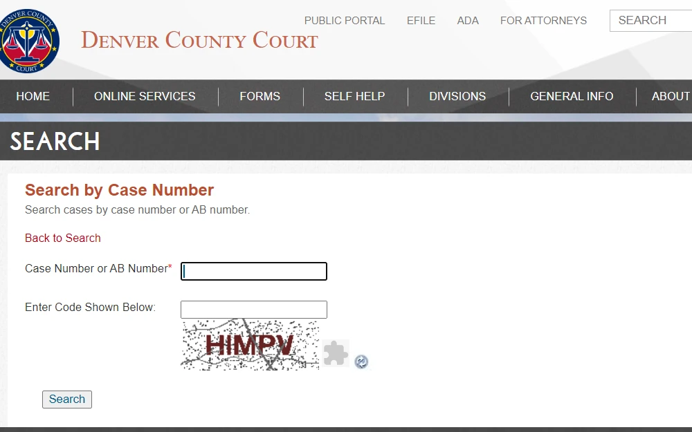 Screenshot of one of the case search tools available from the Denver County Court, requiring the case number and captcha code under the "Search" heading, along with the general website tabs such as home, online services, forms, self-help, divisions, general info, and about us.