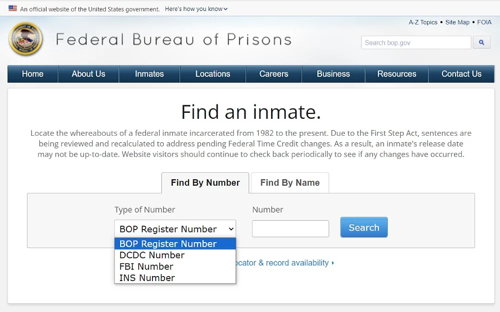 A screenshot of an inmate search toolbar by number with options to find by, such as using the warrantee’s Federal Bureau of Investigations (FBI), Immigration & Naturalization Service (INS), or Bureau of Prisons (BOP) number from the Federal Bureau of Prisons website.