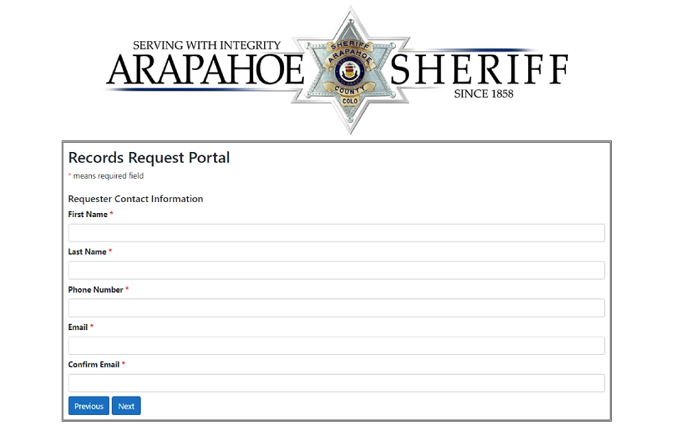 A screenshot displaying a records request portal from the Arapahoe County Sheriff’s Office website requiring details to be filled out, such as first and last name, phone number, email address, and confirmation.