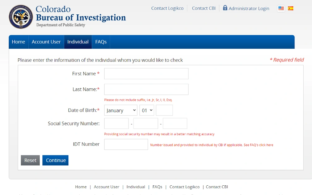 A screenshot showing a Colorado criminal history check with search filters such as first and last name, date of birth, social security number, and IDT number from the Colorado Bureau of Investigation, Department of Public Safety website.