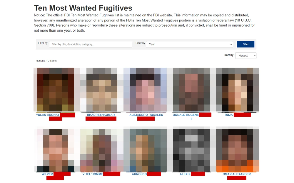 A screenshot showing the ten most wanted fugitives list maintained by the Federal Bureau of Investigation showing full name and mug shot photos.