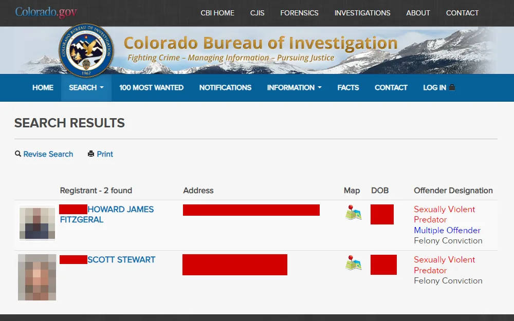 Screenshot of the sex offender search results from the website of Colorado Bureau of Investigation, listing the offenders' mugshots, names, addresses, links to the map of their locations, dates of birth, and offender designations.