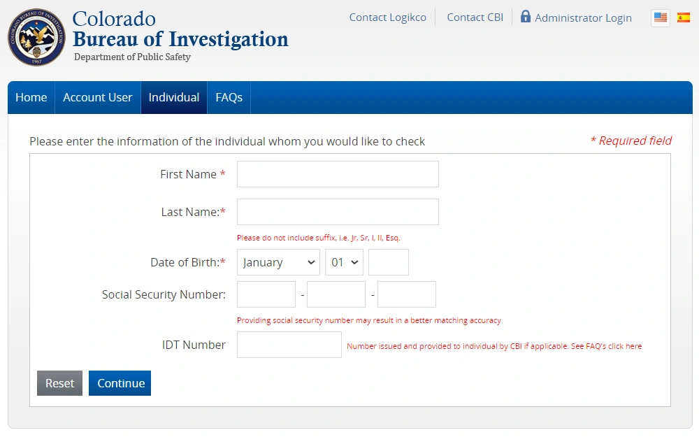 A screenshot of the Internet Criminal History Check System portal from the Colorado Bureau of Investigation website displays fields provided for the first name, last name, date of birth, social security number, and IDT number.