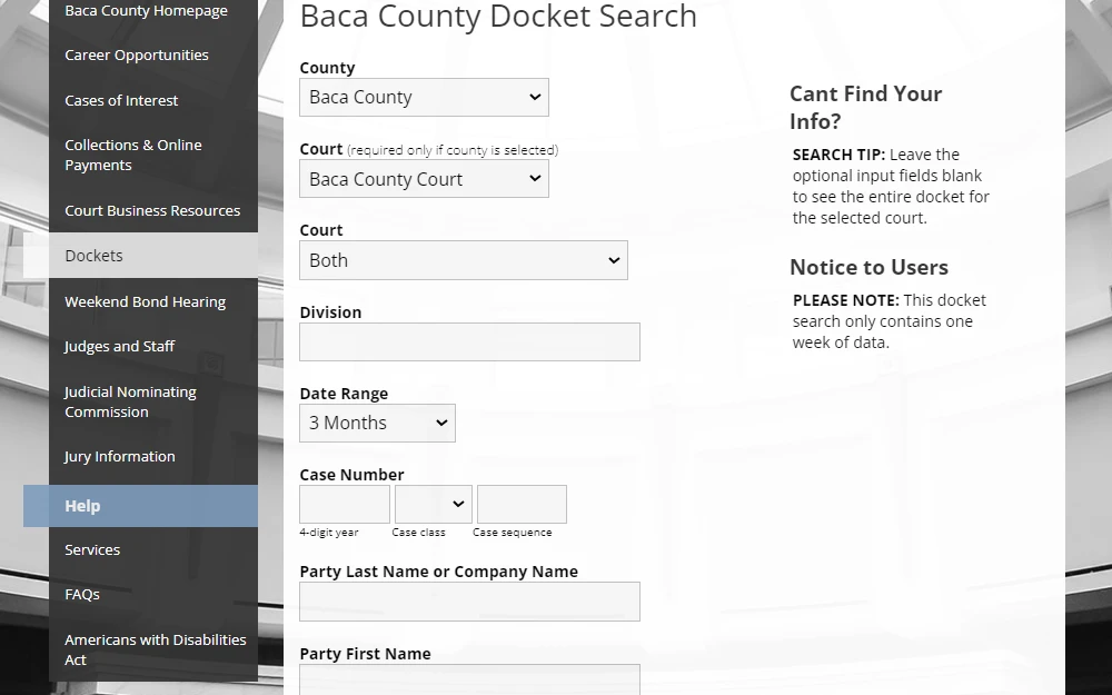A screenshot of Baca County's docket search tool from the Colorado Judicial Branch shows fields for county, court, division, date range, case number, and party name.