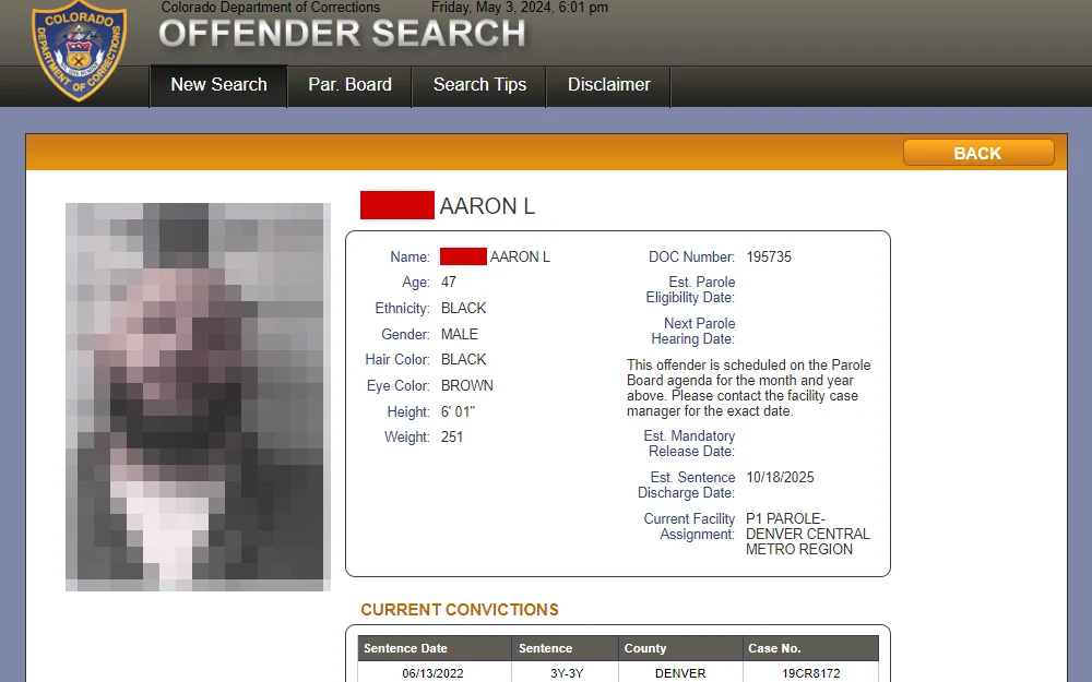 A screenshot of the offender search results from the Colorado Department of Corrections displays the inmate's first and last names, DOC number, ethnicity, gender, age, and what facility they are located in, as well as the mugshot and demographics such as hair and eye color, height, and weight, expected release date, and parole eligibility date.