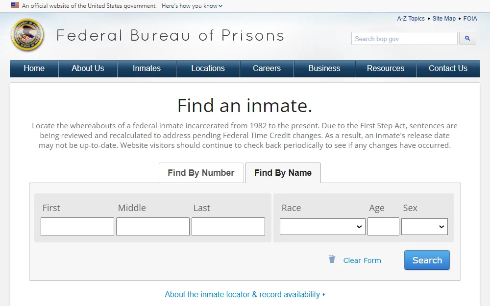 A screenshot of the inmate locator of the Federal Bureau of Prisons displays a disclaimer text about the content and the input fields for first, middle, and last names, race, age, and sex.