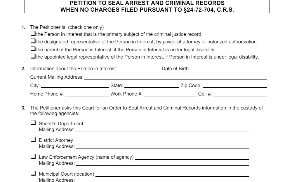A screenshot of the petition form to seal arrest and criminal records from the Colorado Judicial Branch displays the check boxes for the type of petitioner, fields for information about the person of interest, and agency.
